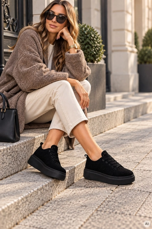 Eleganckie sneakersy czarne damskie ażurowe z przewiewnym materiałem i platformą Cambados