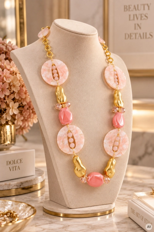 Różowy naszyjnik Amadora z marmurkowymi kołami wypełnionymi drobnymi koralikami.