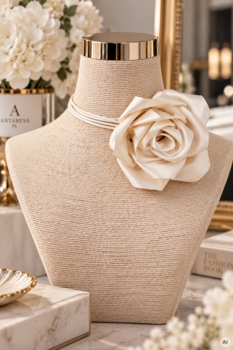 Elegancki choker ecru z ozdobną dużą różą 3D Elgoibarjpg