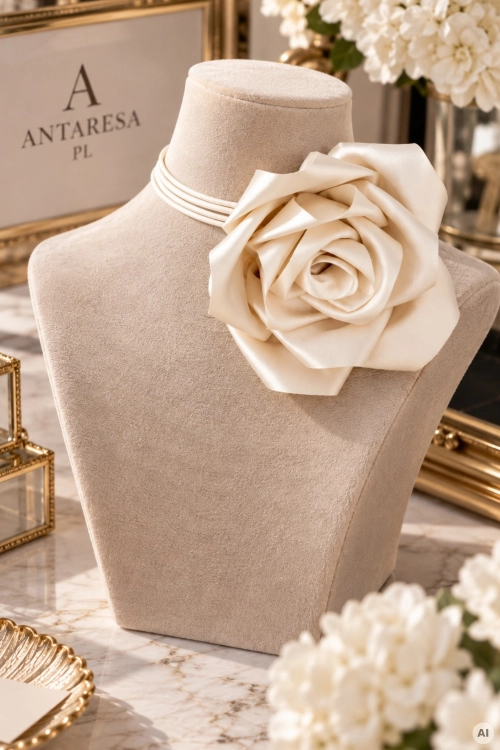 Modny choker ecru z przestrzenną różą 3D i kobiecą dekoracją Elgoibar