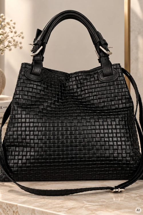 Elegancka torebka shopper czarna skórzana z plecionym wzorem Suances