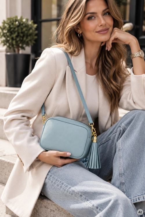Skórzana torebka crossbody błękitna ze złotymi detalami Terrassa.