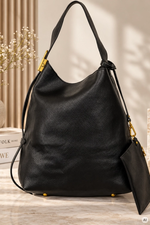 Elegancka torebka shopper czarna worek z wyjmowaną saszetką Artajona