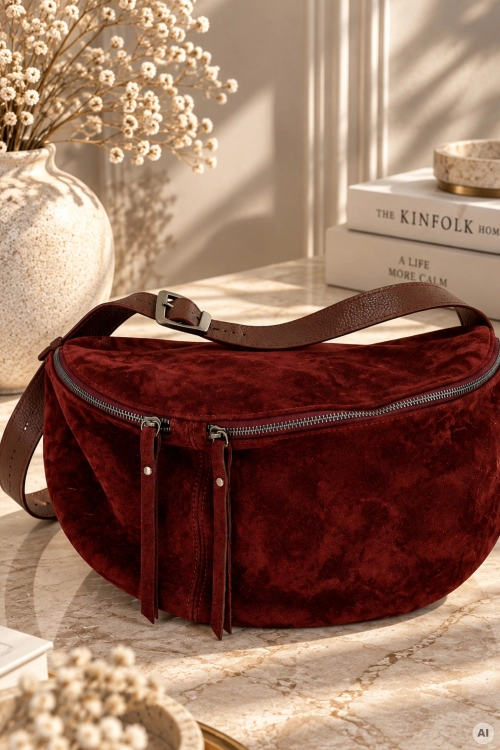 Duża bordowa nerka damska crossbody z dwoma suwakami Cornella.