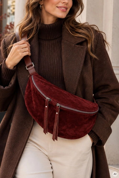 Duża bordowa torebka crossbody z dwoma suwakami Cornella.