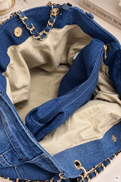 Jeansowa torebka damska shopper z cekinową wstawką i wyjmowaną saszetką Cornago