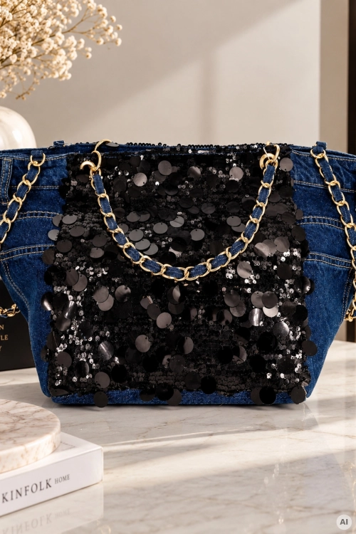 Elegancka torebka shopper jeansowa z czarnymi cekinami i złotym łańcuszkiem Cornago