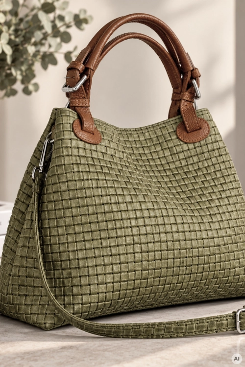 Elegancka torebka shopper khaki skórzana z plecionym wzorem Suances