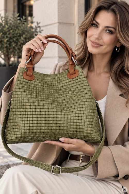Torebka damska shopper khaki skórzana pleciona Suances