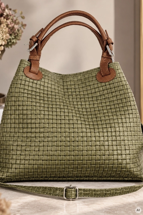 Modna khaki shopperka skórzana pleciona z pojemnym wnętrzem Suances