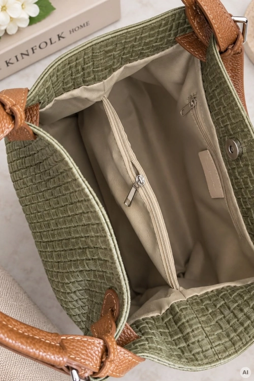 Khaki torebka damska shopper ze skóry plecionej o eleganckim fasonie Suances
