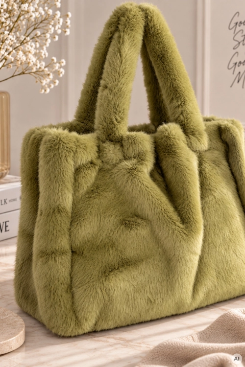 Elegancka torebka shopper oliwkowa futrzana o miękkiej strukturze Chulilla