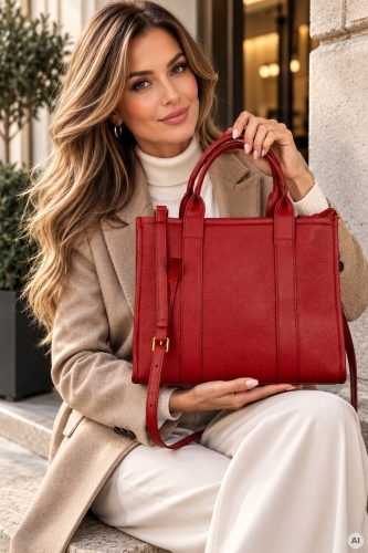Czerwona torebka shopper z eko skóry z odpinanym paskiem Canicolla.