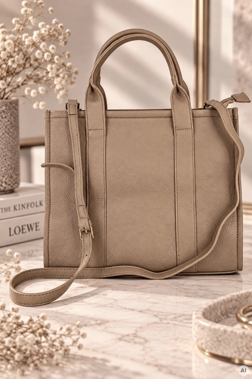 Torebka shopper taupe z eko skóry z odpinanym paskiem Canicolla.