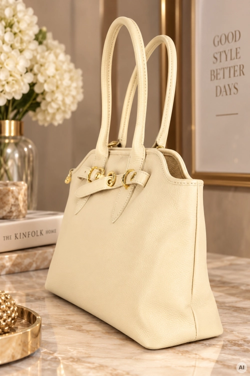 Elegancka torebka shopper beżowa jasna skórzana z regulowanym paskiem Katalonia