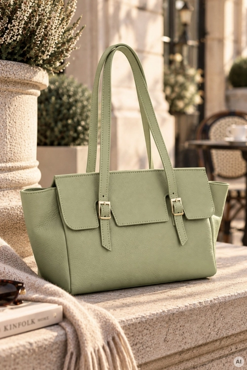 Torebka damska Yespola zielona ze skóry w fasonie tote bag na ramię