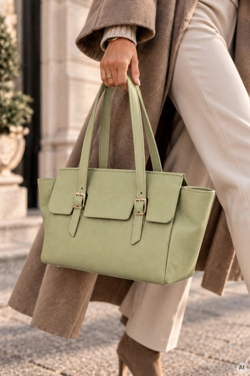 Modna skórzana torebka tote bag zielona z eleganckim fasonem i paskiem Yespola
