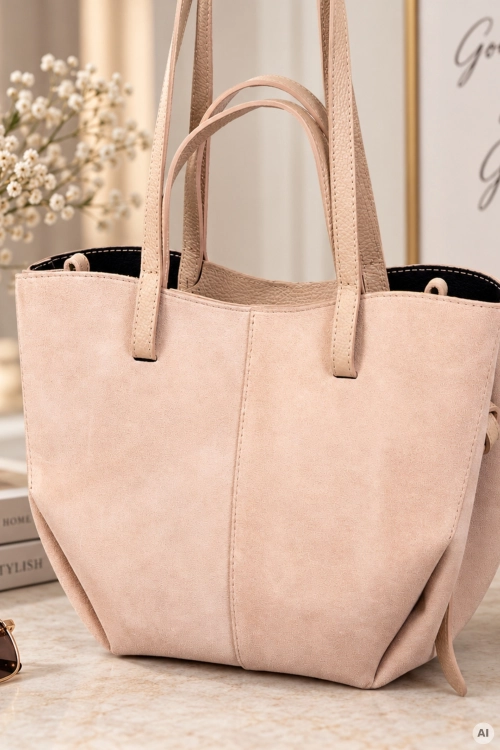 Torebka damska shopper pudrowy róż zamszowa ze skóry naturalnej Miravet