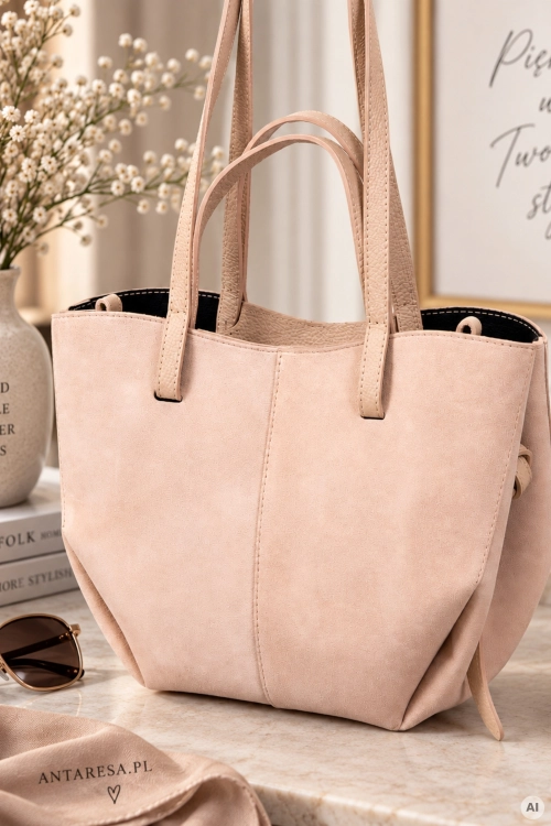 Torebka damska Miravet pudrowy róż z naturalnego zamszu w fasonie shopper