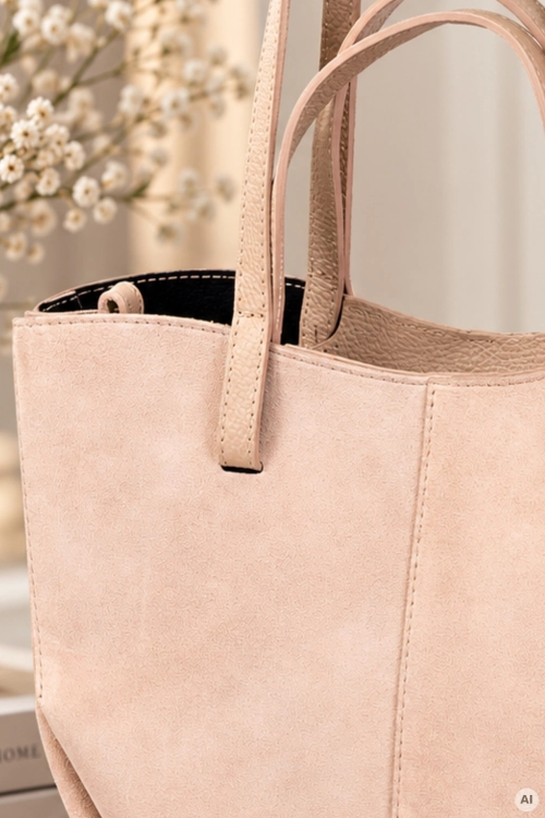 Modna torebka shopper zamszowa pudrowy róż ze skóry naturalnej Miravet
