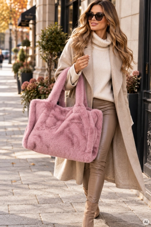 Torebka damska Chulilla antyczny róż typu shopper z modnym futrzanym materiałem