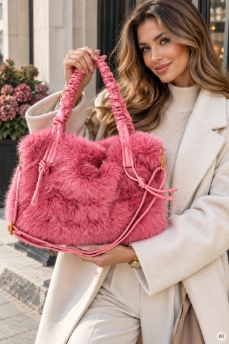 Torebka damska shopper futrzana różowa z regulowanym paskiem Abanilla