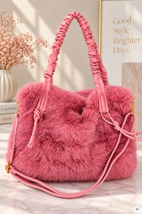 Elegancka torebka shopper różowa futrzana z paskiem na ramię Abanilla