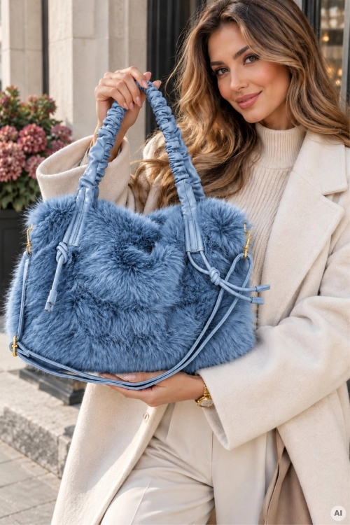 Torebka damska shopper futrzana niebieska z regulowanym paskiem Abanilla