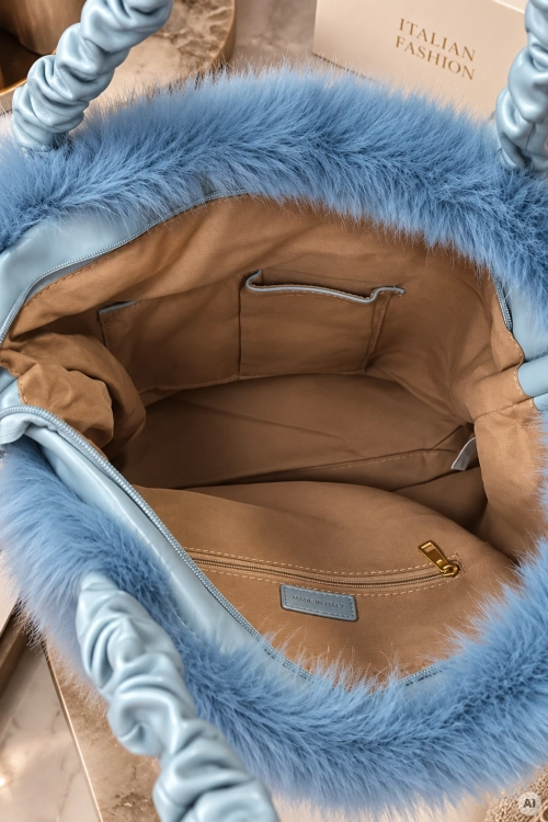 Elegancka torebka shopper niebieska futrzana z paskiem na ramię Abanilla
