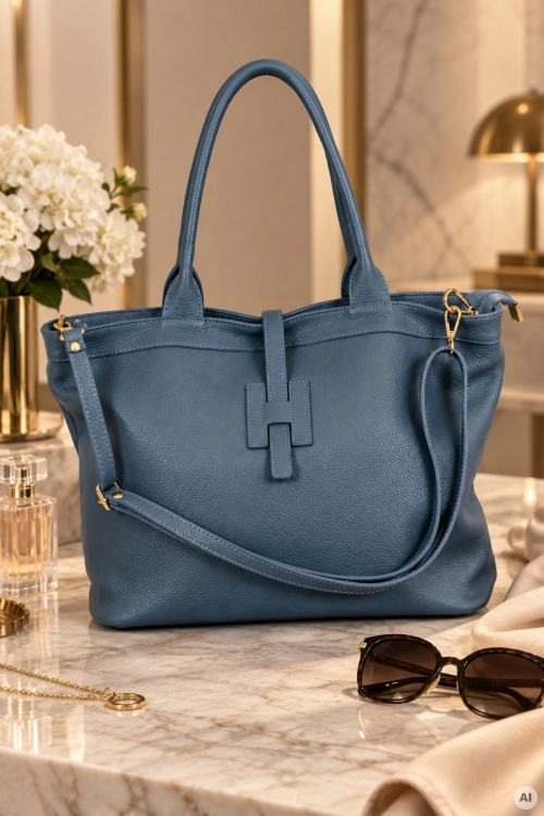 Torebka shopper denim blue ze skóry naturalnej Lormonta z dodatkowym paskiem.
