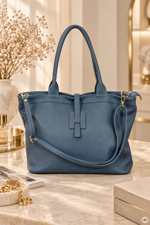 Skórzana shopperka Lormonta w kolorze denim blue z dwoma paskami.