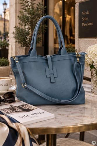 Niebieska torebka shopper Lormonta z regulowanym paskiem.