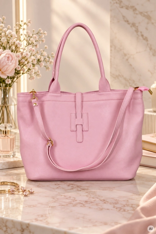 Różowa torebka shopper ze skóry naturalnej Lormonta z dodatkowym paskiem.