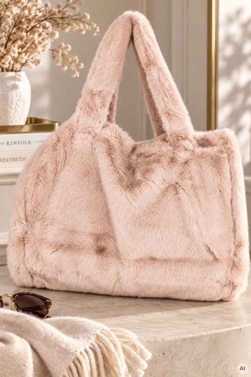 Elegancka torebka shopper pudrowy róż futrzana o miękkiej strukturze Chulilla
