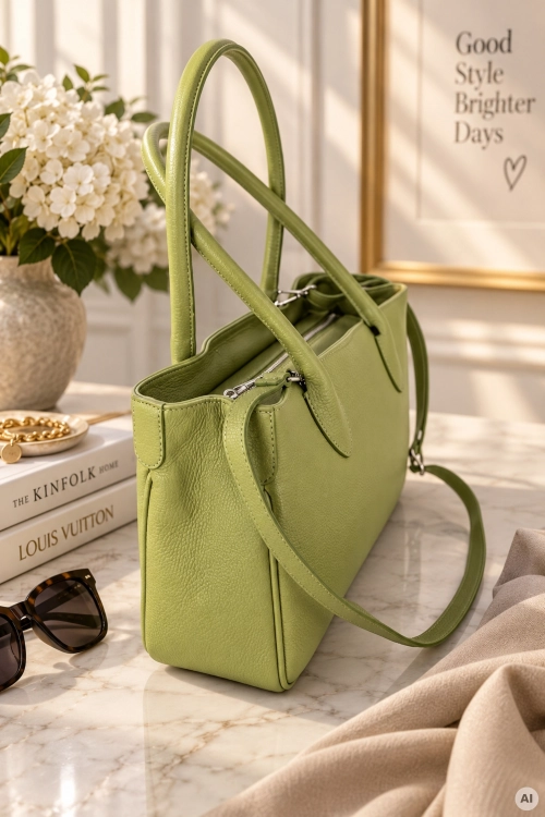 Elegancka torebka shopper pistacjowa skórzana z dodatkowym paskiem na ramię Escusaguat
