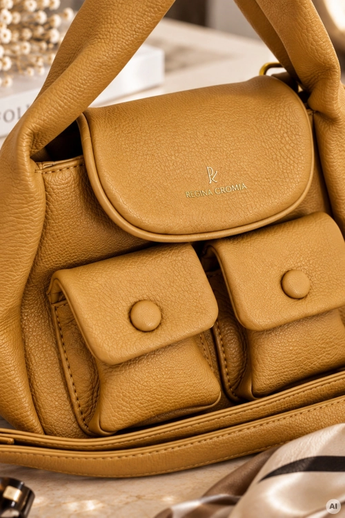 Camelowa torebka crossbody Narbona z długim regulowanym paskiem.