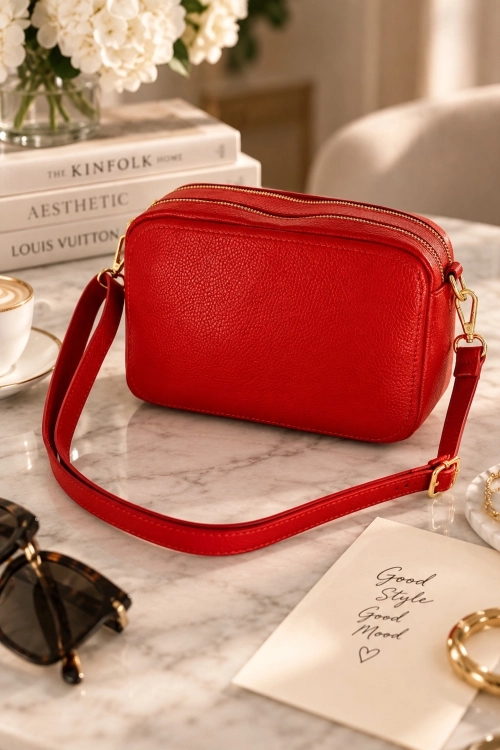 Modna czerwona torebka skórzana listonoszka z regulowanym paskiem crossbody Benabarre