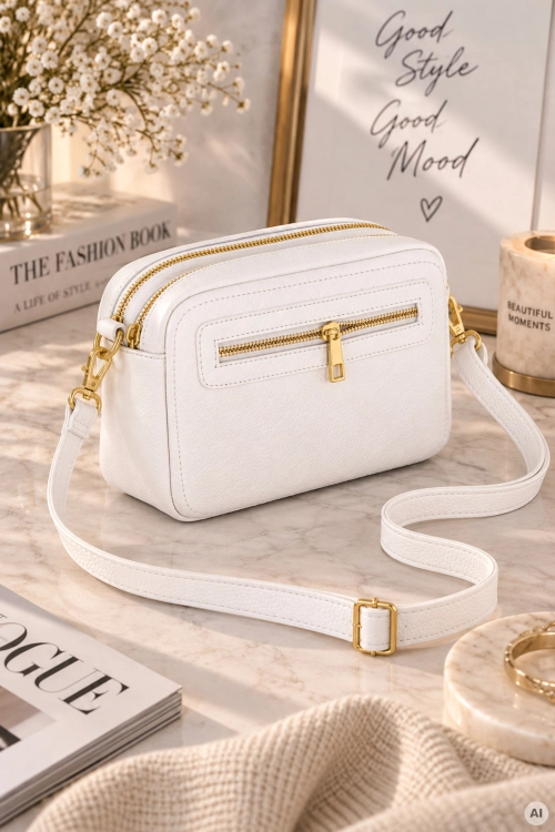 Modna biała torebka skórzana listonoszka z regulowanym paskiem crossbody Benabarre