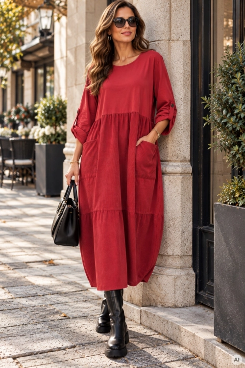 Czerwona sukienka oversize maxi z dużymi kieszeniami Choletola.