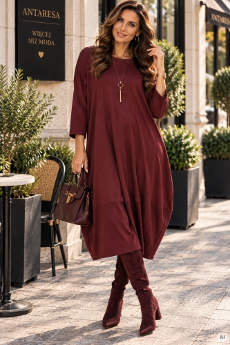 Sukienka damska midi bordowa bombka oversize z długim rękawem i kieszeniami Gemmano plus size