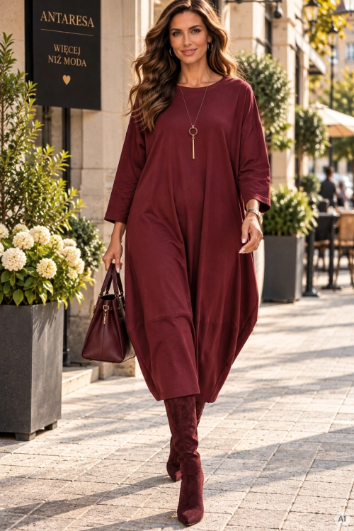 Elegancka sukienka midi bordowa bombka plus size z długim rękawem i luźnym fasonem Gemmano