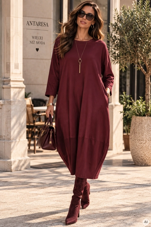Modna sukienka midi bordowa plus size z długim rękawem, kieszeniami i fasonem oversize Gemmano