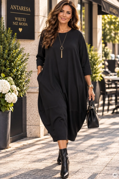 Modna sukienka midi czarna plus size z długim rękawem, kieszeniami i fasonem oversize Gemmano
