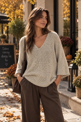 Sweter damski oversize ciemnobeżowy boucle z dekoltem V Tesinoa