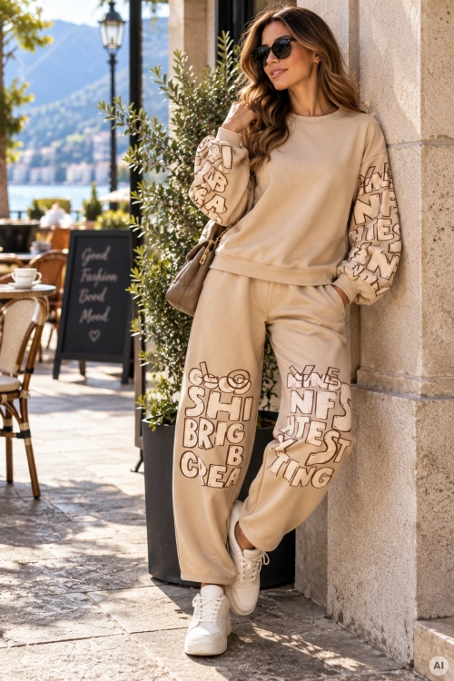 Bluza damska oversize ciemnobeżowa z nadrukiem na rękawach Villanueva