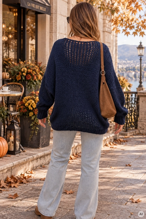 Elegancki sweter oversize granatowy z plecioną strukturą i miękką dzianiną Pegalajar