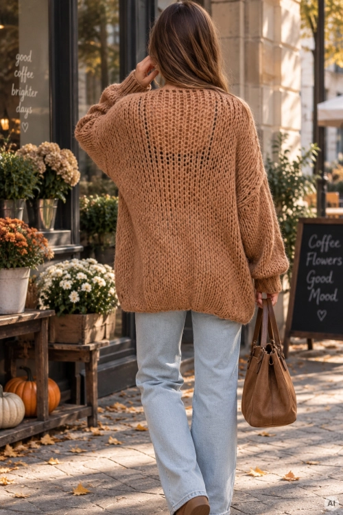 Elegancki sweter oversize camelowy z plecioną strukturą i miękką dzianiną Pegalajar