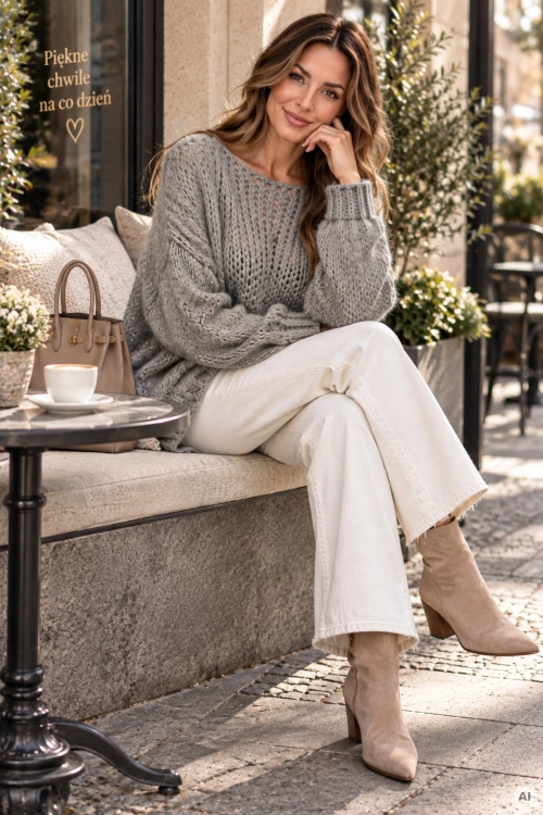 Modny sweter oversize szary z lekkim ażurowym splotem w stylu premium Pegalajar