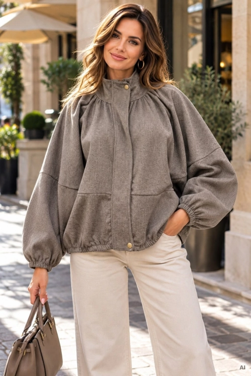 Modna bluza fango oversize na zamek z rękawami kimono, stójką i wzorem w jodełkę Humanes