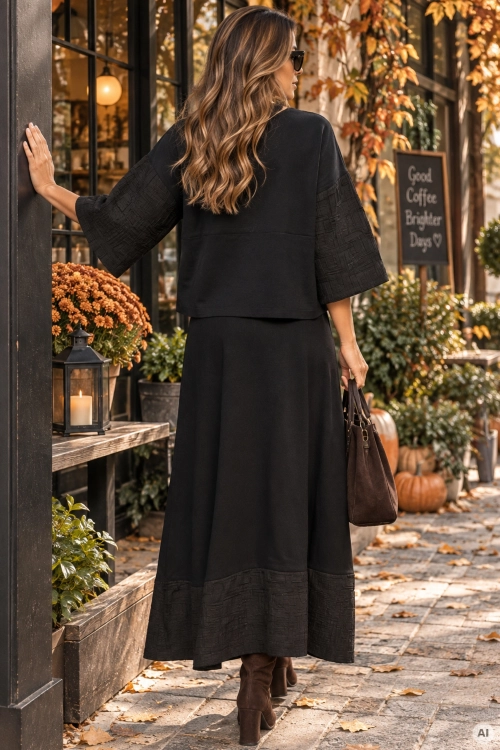Elegancki komplet dzianinowy czarny z oversize’ową bluzką i dopasowaną spódnicą midi Benadalid